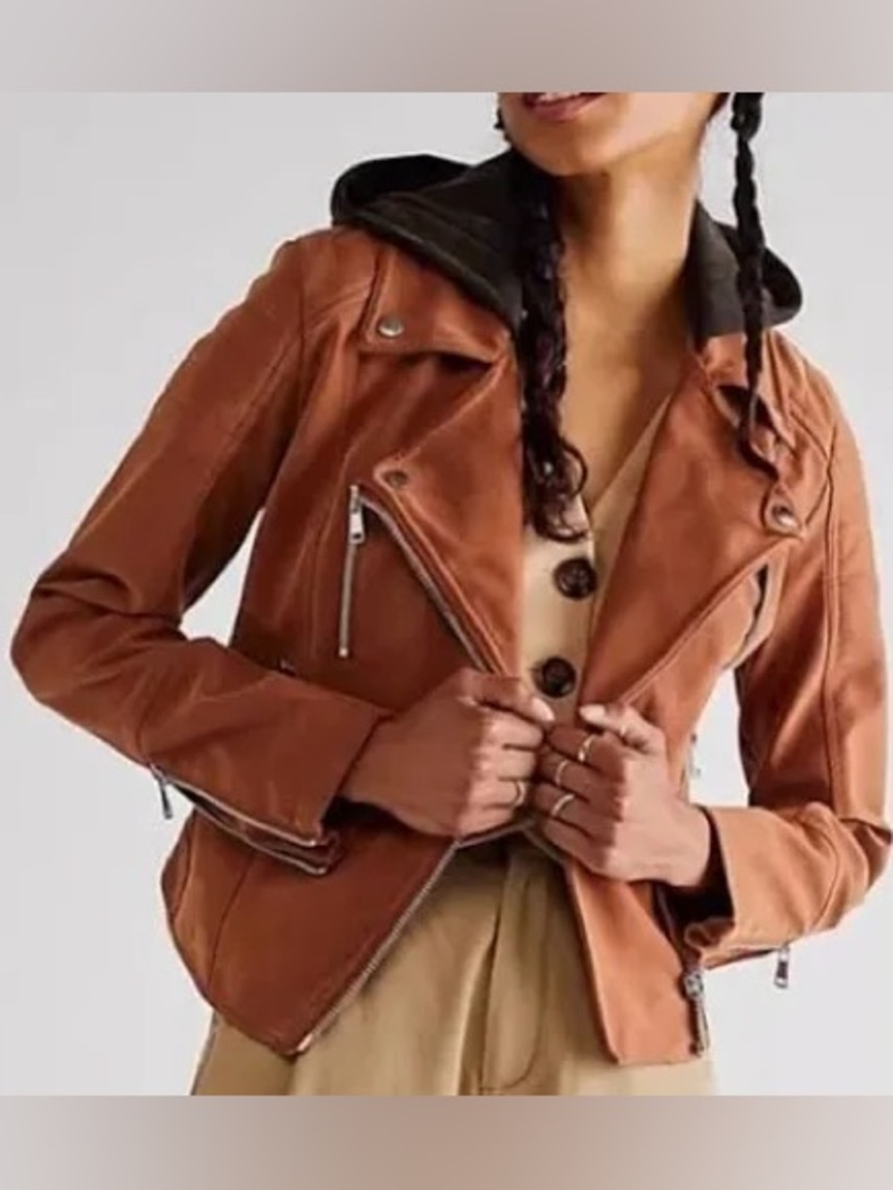 Free People We The Free Brown Hooded Vegan Leather Moto Jacket S
